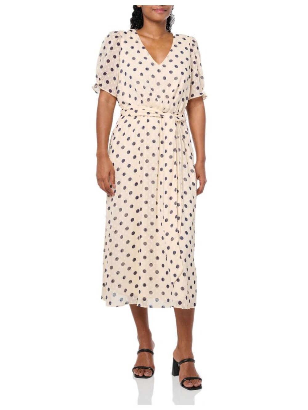 Anne Klein Beige Polka Dot Midi Dress With Puff Sleeves & Tie Waist - Size Small